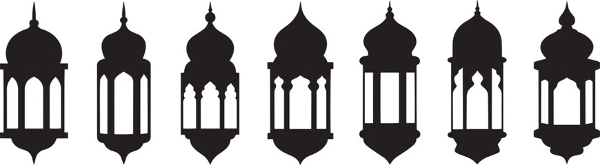 Traditional Arabic lantern silhouette set vector – black Islamic lamp icons for Ramadan, Eid, or Middle Eastern decorative design illustration
