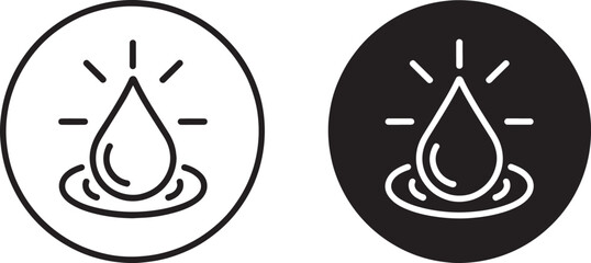 Water drop icon set vector – black and white droplet with shine lines, symbol of purity, hydration, environment, eco, or nature design illustration