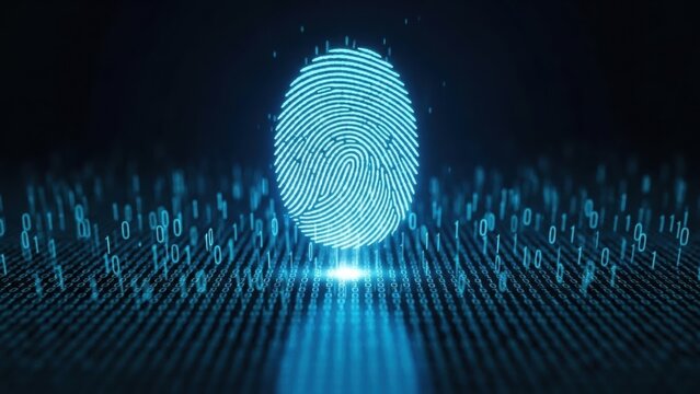 Fingerprint graphic over digital data background