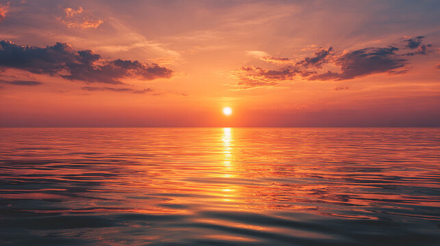 Beautiful sunset view over the calm ocean, vivid orange and pink sky. - Powered by Adobe