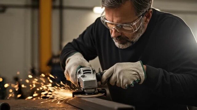 Metalworker Sparks Fly While Grinding Metal in Workshop.
