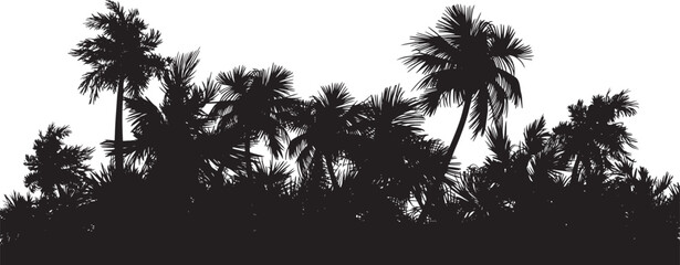 Dense palm forest silhouette vector – tropical nature border background for summer, vacation, exotic, travel, beach, or paradise theme design