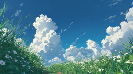 Obraz premium White Daisies Bloom Beneath a Bright Blue Sky with Cumulus Clouds, Green Grasses, and Gentle Breeze in Summertime.