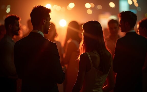 Intimate gathering with blurred silhouettes and bokeh lights creates an enigmatic and sociable atmosphere for special occasion and celebration. High quality