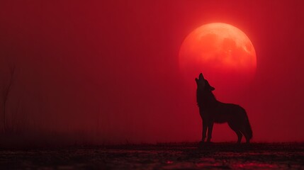 Fototapeta premium Lone wolf howling at a blood-red moon in a dramatic, dark landscape.