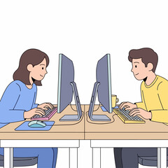 Two focused individuals engaged in productive work on desktop computers, collaborating in a modern office