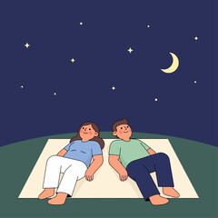 Couple enjoying a peaceful night outdoors, stargazing under the vast, twinkling sky with a bright crescent moon