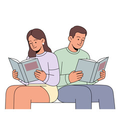 Illustrative portrayal of two people quietly immersed in books, promoting knowledge, education, and shared reading