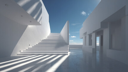 Minimalist stairwell with white walls and linear shadows creates serene atmosphere under clear blue sky, showcasing modern architectural design and open space
