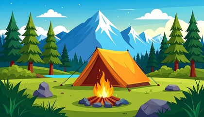 Serene camping adventure, featuring majestic mountain backdrop and cozy campfire