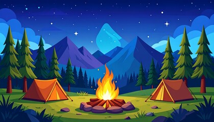 Whimsical camping night in the mountains with starry sky and bonfire