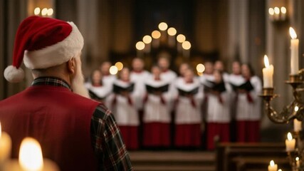 Rear view of an older man with a white beard and Santa hat attending a Christmas choir performance in a candlelit church. - Powered by Adobe