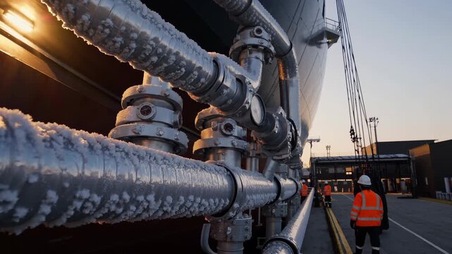 Frozen pipes and pressure gauges on a large liquefied natural gas tanker, with a worker in uniform walking along the dock under the golden sunset light