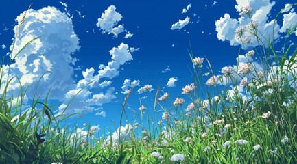  A Low Angle View of White Wildflowers and Green Grass Reaching Up Towards a Blue Sky with Cumulus Clouds.