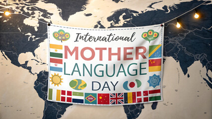 Global Voice: a colorful banner, adorned with diverse international flags, celebrates International Mother Language Day against a backdrop of the world map.