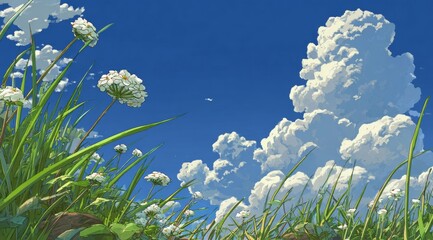 Low Angle View of Wild White Flowers & Green Grass against a Bright Blue Sky with Puffy White Clouds in an Outdoor Field.