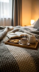 Breakfast in bed tea and cookies beside an open book