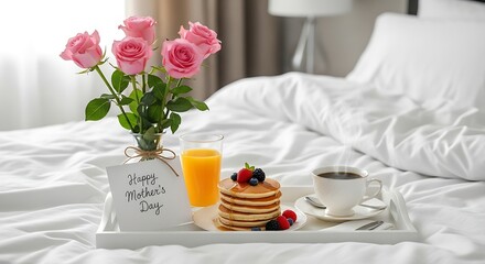 Breakfast in bed with roses and pancakes on white tray