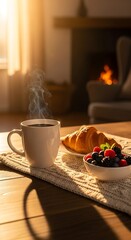 Breakfast scene with coffee cup croissant and berries soft sunlight indoors