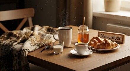 Breakfast scene with coffee croissant honey and cozy plaid blanket