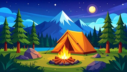 Cartoon landscape capturing the allure of camping beneath a starlit sky backdrop