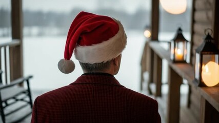 Back view of a man wearing a festive red Santa hat and a patterned jacket, looking out at a serene snowy winter landscape from a cozy, decorated porch with warm holiday lights. - Powered by Adobe