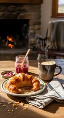 Breakfast still life croissant coffee jam and fireplace scene