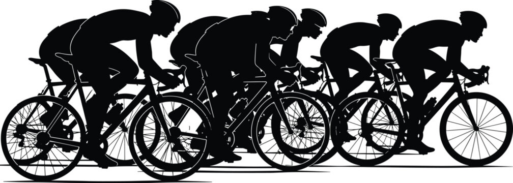 Dynamic silhouette illustration of a professional cycling peloton racing at high speed, representing teamwork, competition, endurance, and sporting triumph