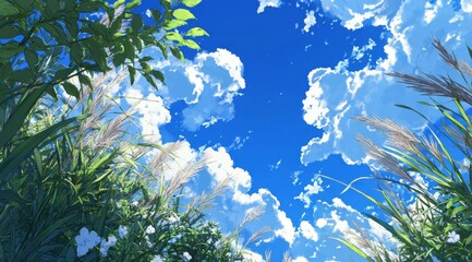  Anime Style View of Blue Sky and White Clouds Through Tall Grass, Green Leaves, and Field Flowers in a Meadow.