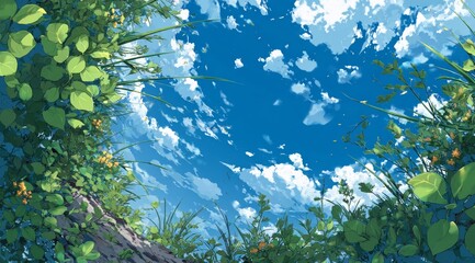  Looking Up at a Bright Blue Sky with White Clouds Framed by Lush Green Vegetation and Yellow Flowers on a Hillside.