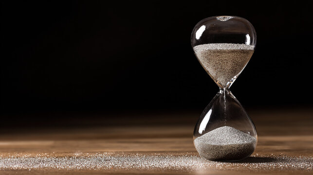 expiration. An hourglass with all sand in the bottom half, a minimalist still life. wellbeing guides, coaching materials, designed for mental health education and mindfulness programs.
