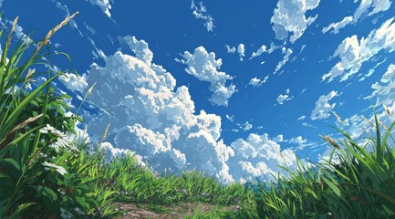  Scenic View of Meadow with Tall Grass, Daisies, and Dramatic White Clouds Against Vibrant Blue Sky, Outdoor Nature.