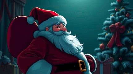 Luxury Teal Santa Claus Cartoon Under Strong Hard Light with Christmas Background