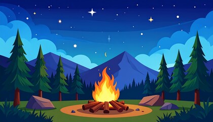 A Tranquil Nighttime Campfire Scene in the Mountains Under a Starry Sky