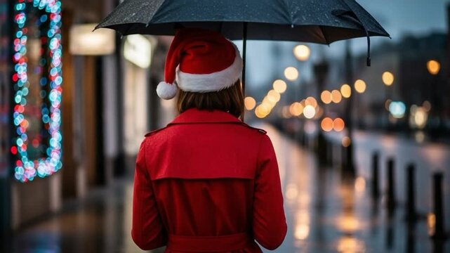 Woman in Santa hat and red coat walking with umbrella on a rainy city street at night during the Christmas holiday season with blurred lights