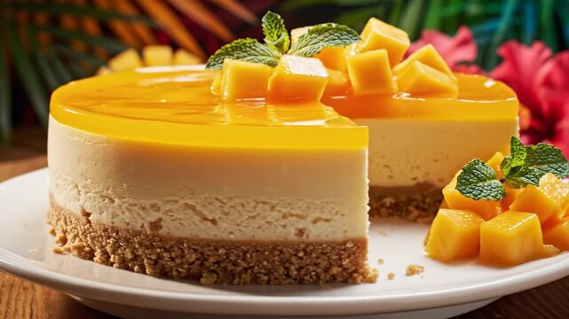 A delicious no-bake mango cheesecake with a biscuit crust, topped with fresh mango cubes and mint leaves.