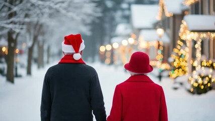 Senior couple in festive winter attire walking hand-in-hand on a snow-covered street adorned with sparkling Christmas lights, enjoying the holiday season. - Powered by Adobe