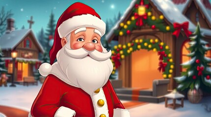 Elegant Storybook Santa Claus Cartoon in Festive Christmas Scene