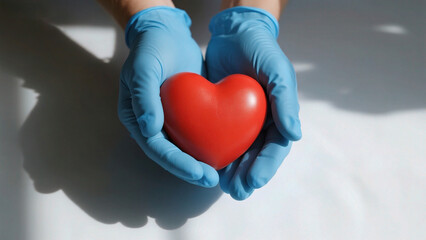Hands in blue gloves holding red heart