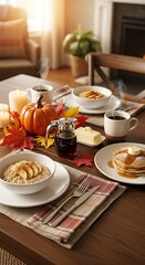 Breakfast table setting with pancakes oatmeal pumpkin and coffee