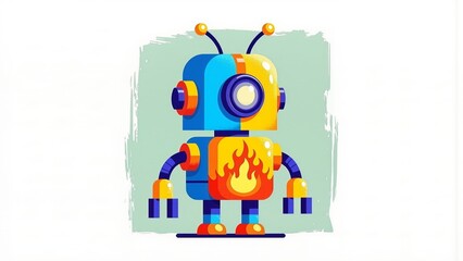 Fototapeta premium Modern abstract robot with flame design and asymmetrical color scheme on mint background. Perfect for tech startups, innovation concepts, and creative projects.