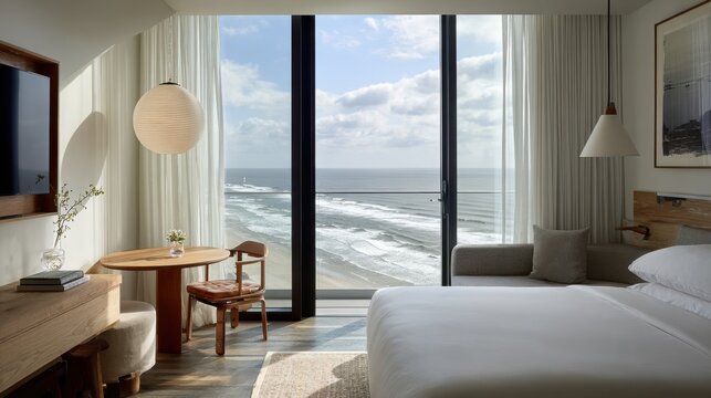 Modern hotel room with ocean view featuring a minimalist design, cozy seating area, and natural light illuminating the serene coastal landscape