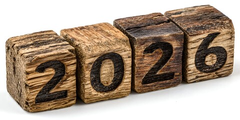Rustic wooden blocks spelling out the year 2026, suggesting a vintage or handcrafted announcement for the upcoming new year celebration.