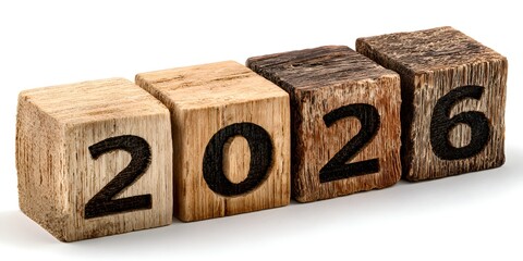 Wooden blocks show the year 2026, suggesting a future date or milestone on a clean white background in a studio setting.