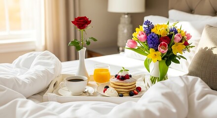 Breakfast tray with flowers and food on bed creating a cozy morning scene