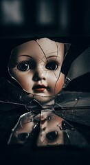 Broken doll face reflected in shattered glass eerie dark portrait