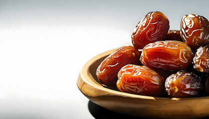 Close-up of rich, glossy dates in a wooden bowl for Iftar, traditional fast breaking