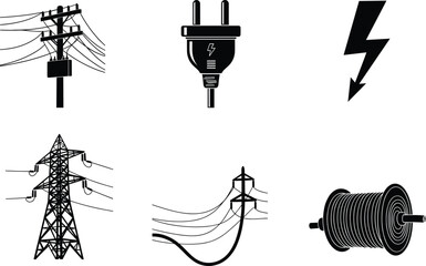 Electric utility vector icons featuring power poles, plug connector, lightning bolt, transmission tower, cable lines and wire spool in black silhouette, energy