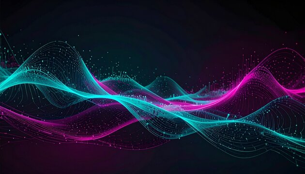 Dynamic digital visualization of vibrant pink and cyan sound waves with glowing particles, representing futuristic technology, data flow, and abstract energy