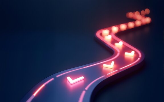 A glowing path with checkpoints, a concept for a business roadmap, customer journey, or project milestones. High quality